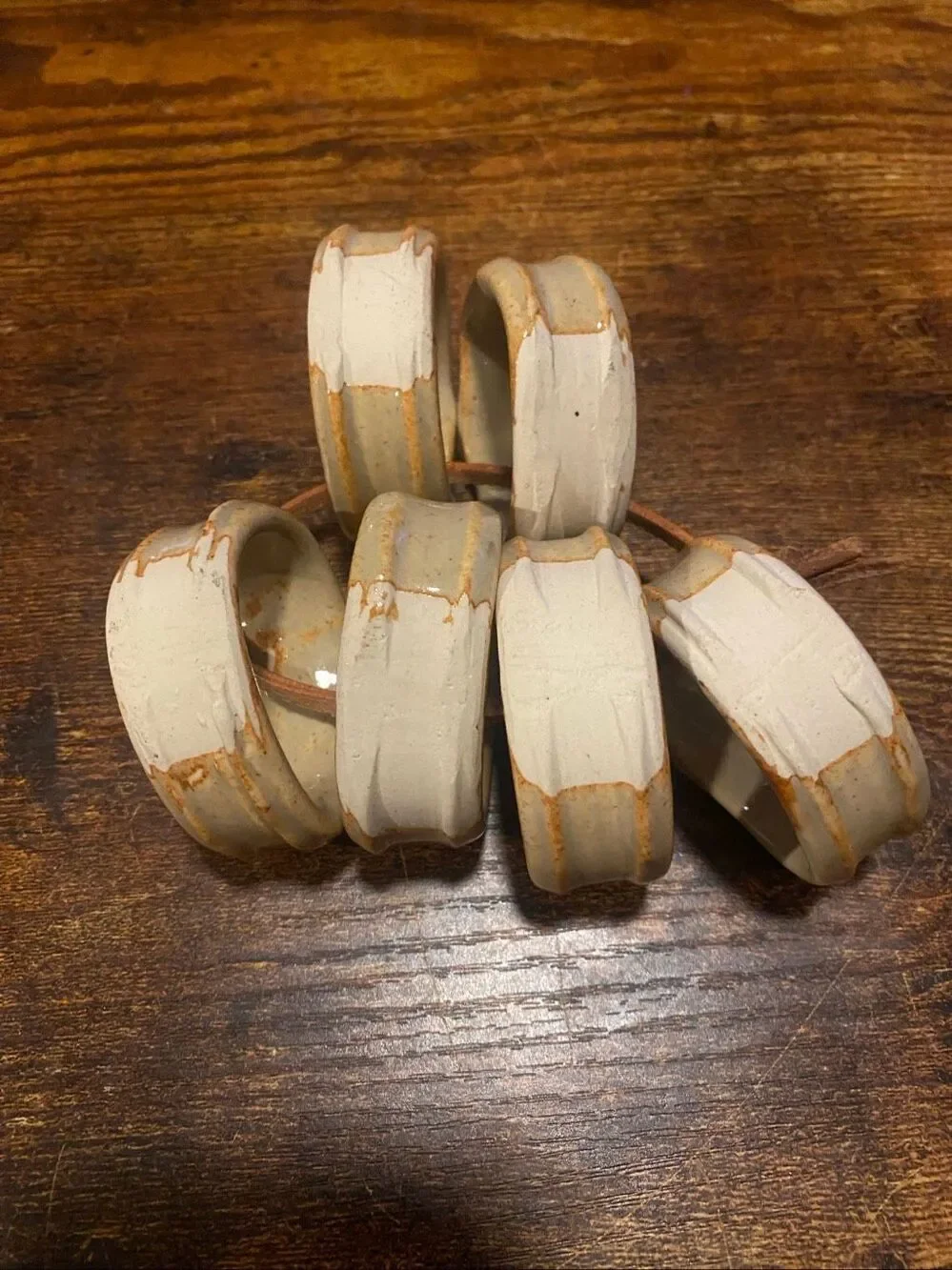 Handmade Primitive Stoneware Napkin Rings Rustic Farmhouse Beige Set of 6